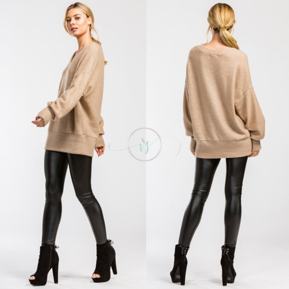 Latte Brushed Knit V-Neck Top - Picture 2 of 8
